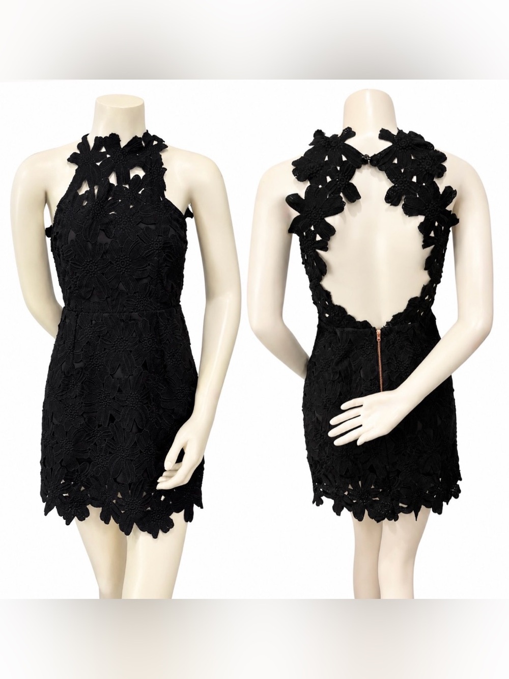 Signature 8 Black Floral Lace Open Back Halter Mini Dress Size S Cocktail